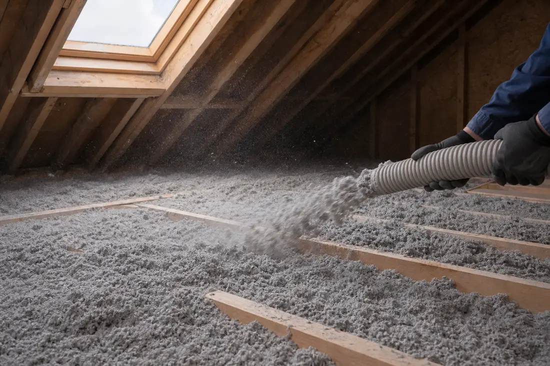 Soufflage de ouate de cellulose dans des combles perdus d'une maison romande
