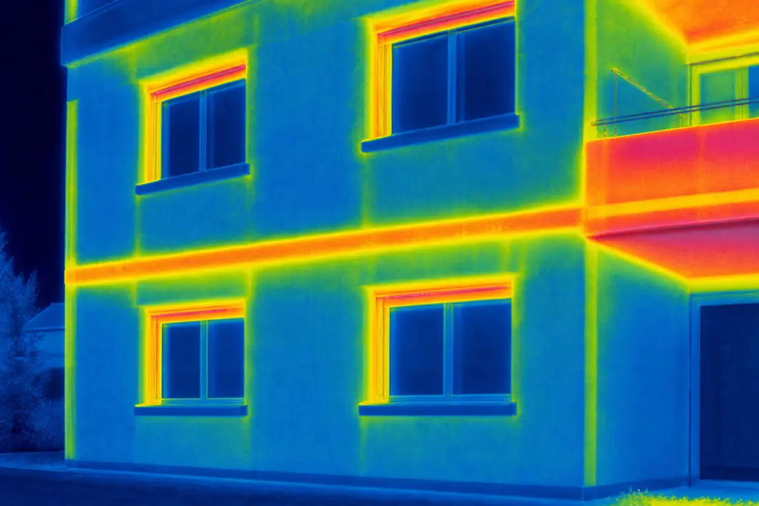 Image thermographique d'une façade montrant les ponts thermiques avant isolation par l'extérieur