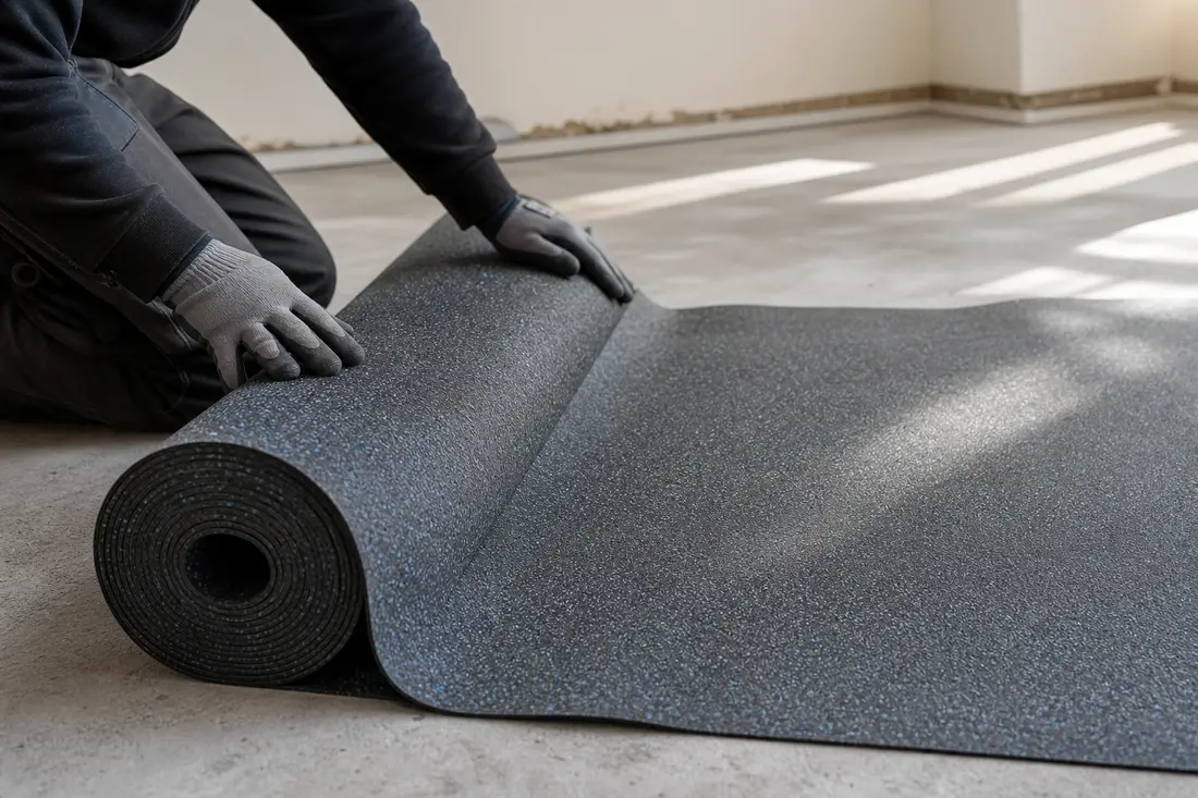 Pose d'une sous-couche résiliente acoustique sous un revêtement de sol