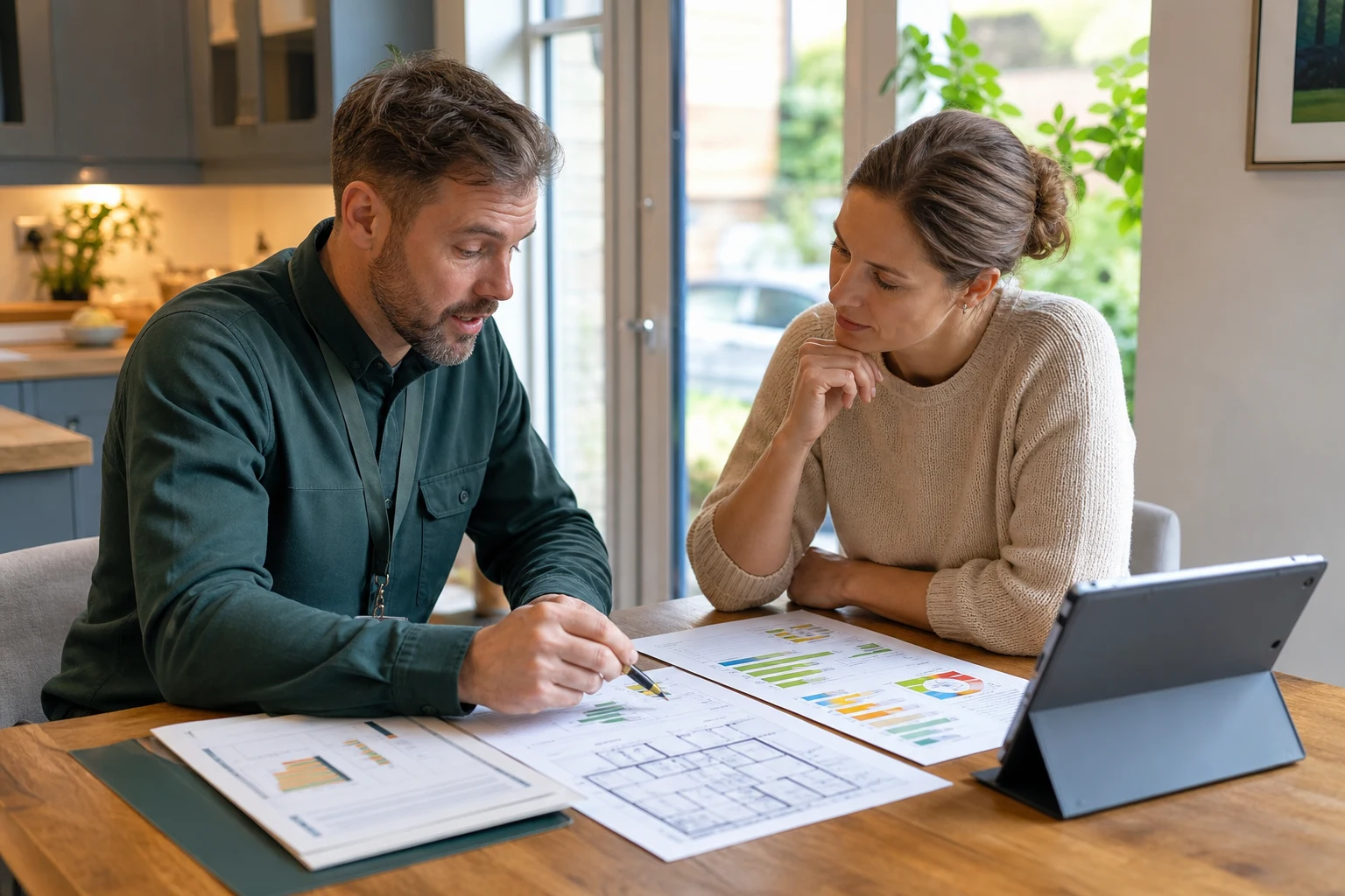Expert et propriétaire discutant d’un rapport énergétique sur une table