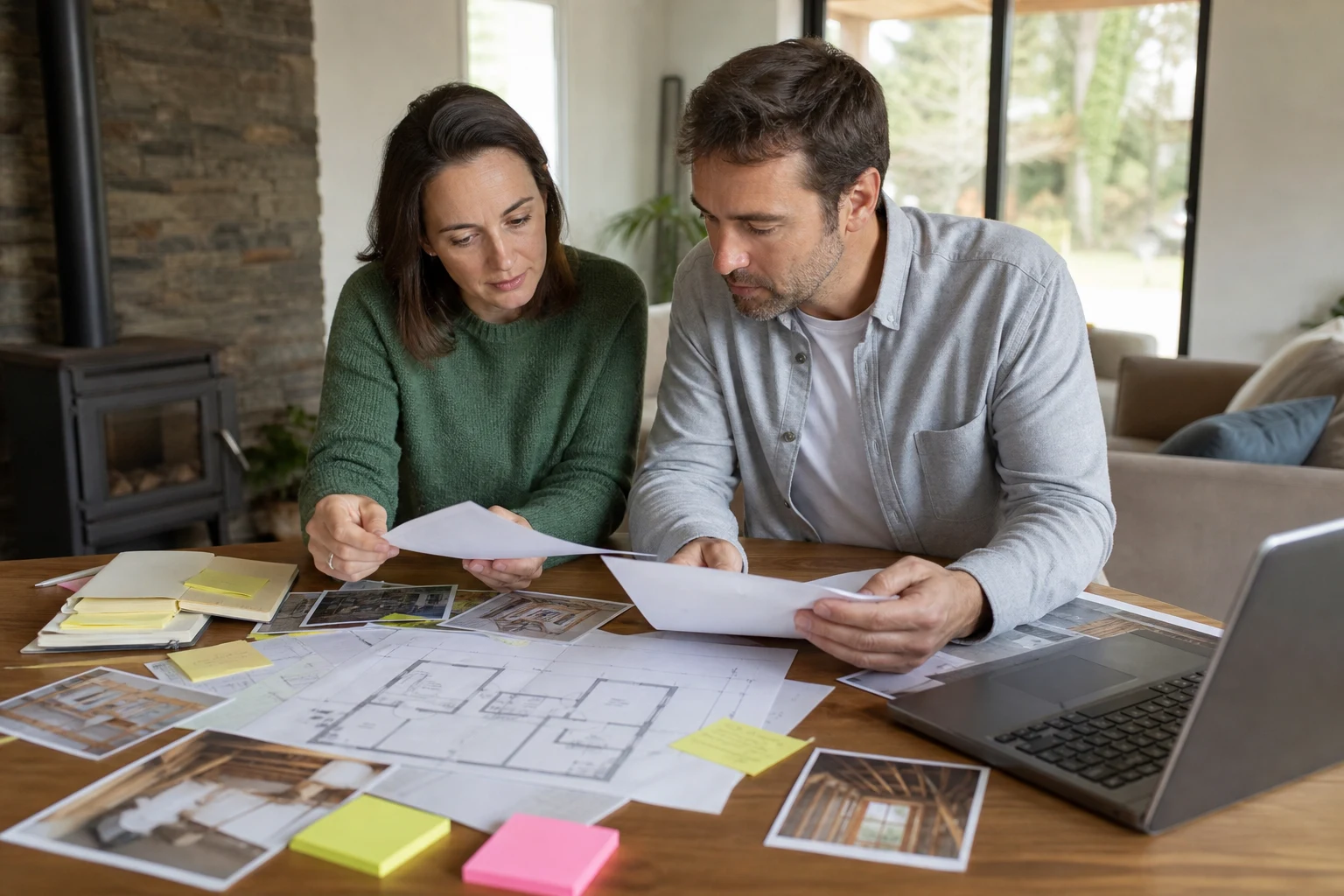 Couple réunissant plans, photos et notes avant de demander des offres
