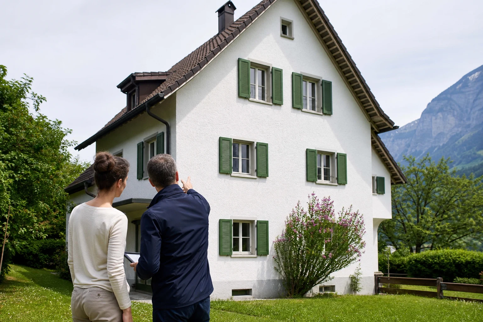 Propriétaire et professionnelle regardant une façade depuis le jardin