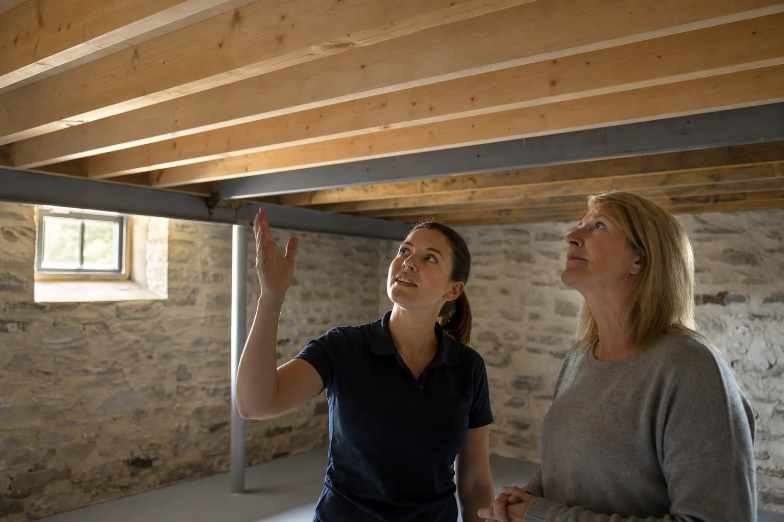 Technicienne observant un plafond de cave propre avec un propriétaire