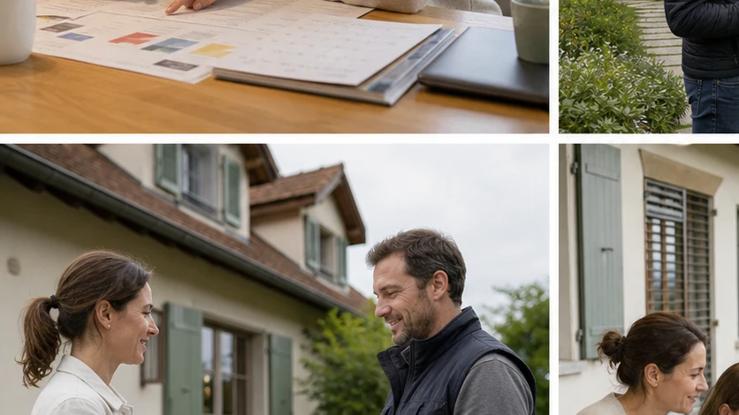 Une propriétaire présente plans, photos et calendrier à une professionnelle de l’isolation