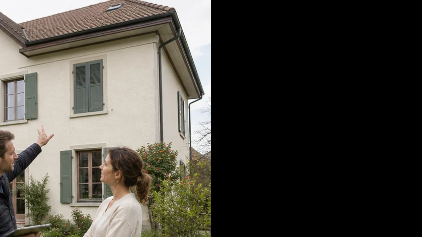 Une spécialiste et un propriétaire identifient les interfaces entre toiture, façade et ouvertures sur une maison